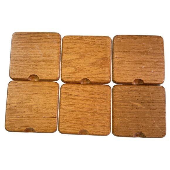 Set Of 6 Wooden Coasters With Cork Insert Matching Holder Vintage 80s Golden Oak - Picture 4 of 12